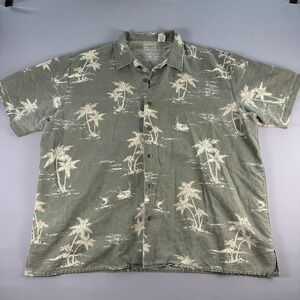 LL‎ Bean Shirt Mens XL Green Palm Tree Boat Print Linen Cotton Hawaiian Casual